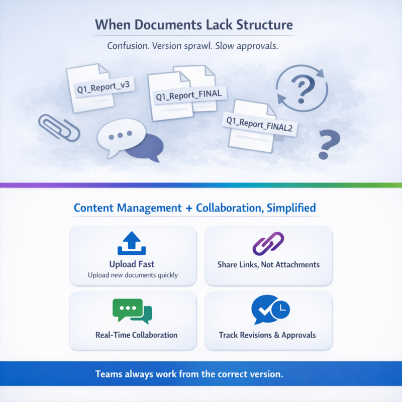 Infographic contrasting messy document versions and attachments with a structured system for uploads, link sharing, collaboration, and version tracking to keep teams aligned.