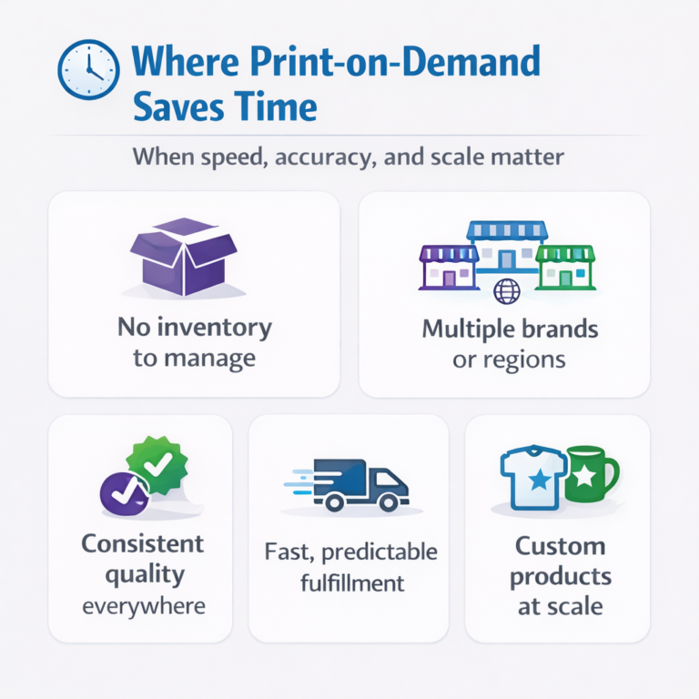 nfographic showing where print-on-demand saves time, including no inventory, multi-brand management, consistent quality, predictable fulfillment, and custom products at scale.