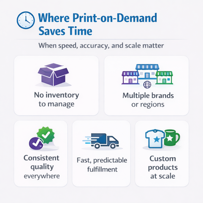nfographic showing where print-on-demand saves time, including no inventory, multi-brand management, consistent quality, predictable fulfillment, and custom products at scale.