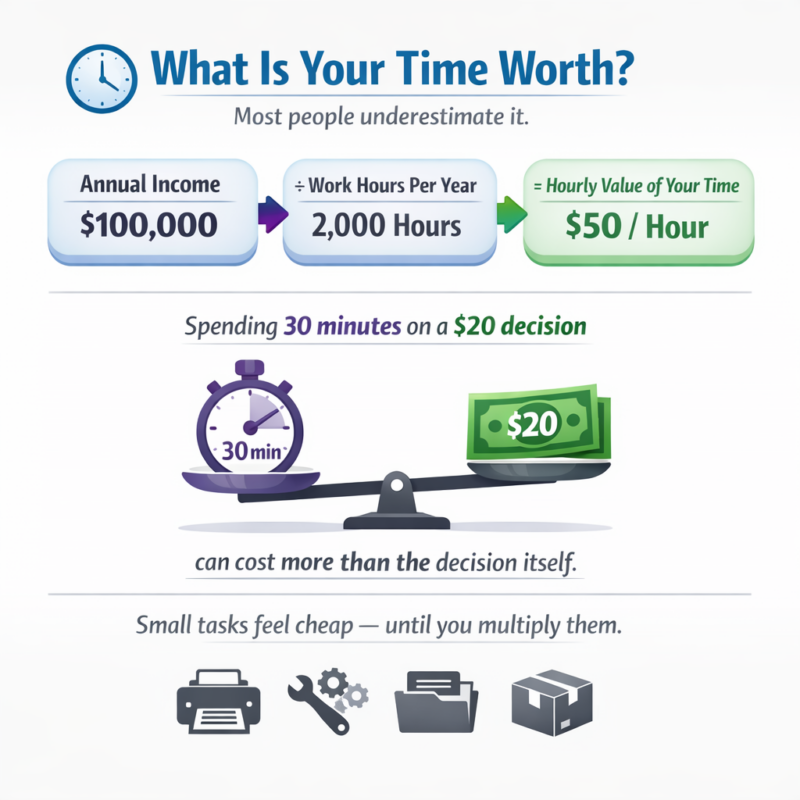 Infographic showing how to calculate the hourly value of your time and how small decisions can cost more in time than money.