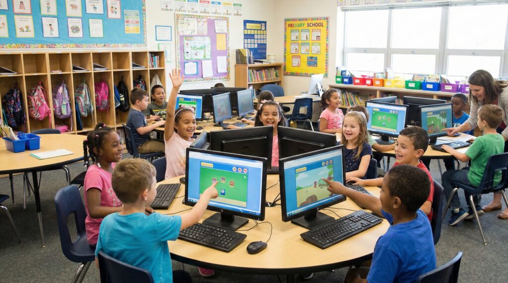 Children in a classroom learning using digital content. 