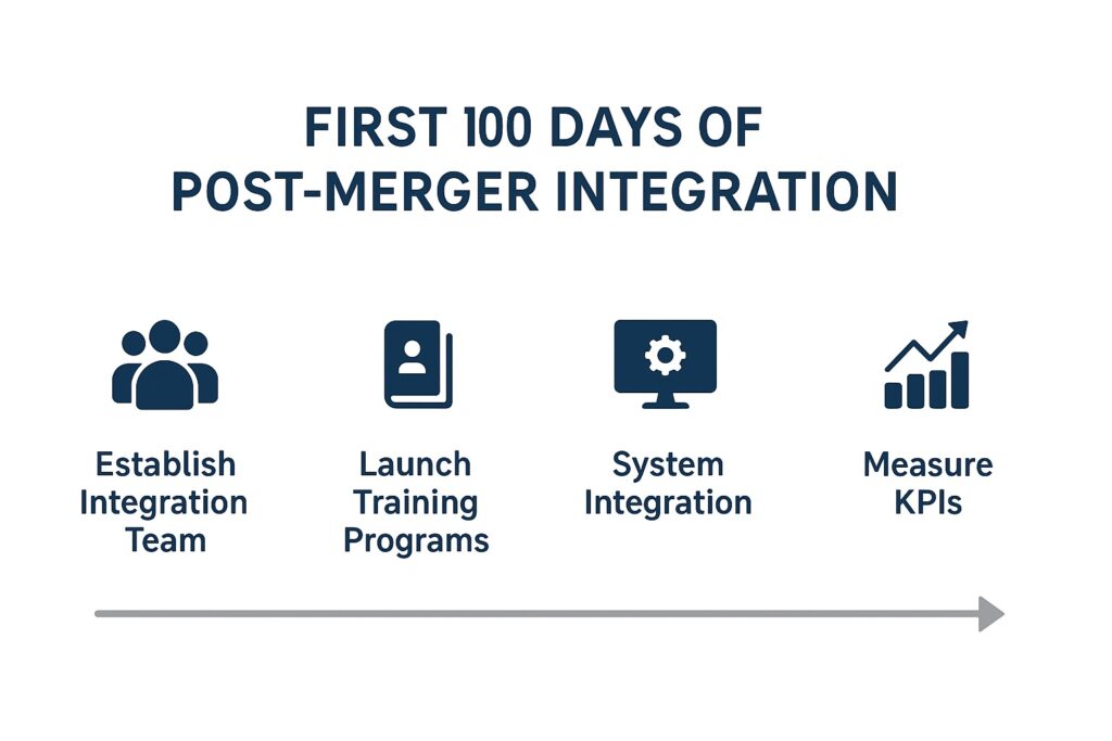 Infographic showing the best practices for the first 100 days post-merger. 