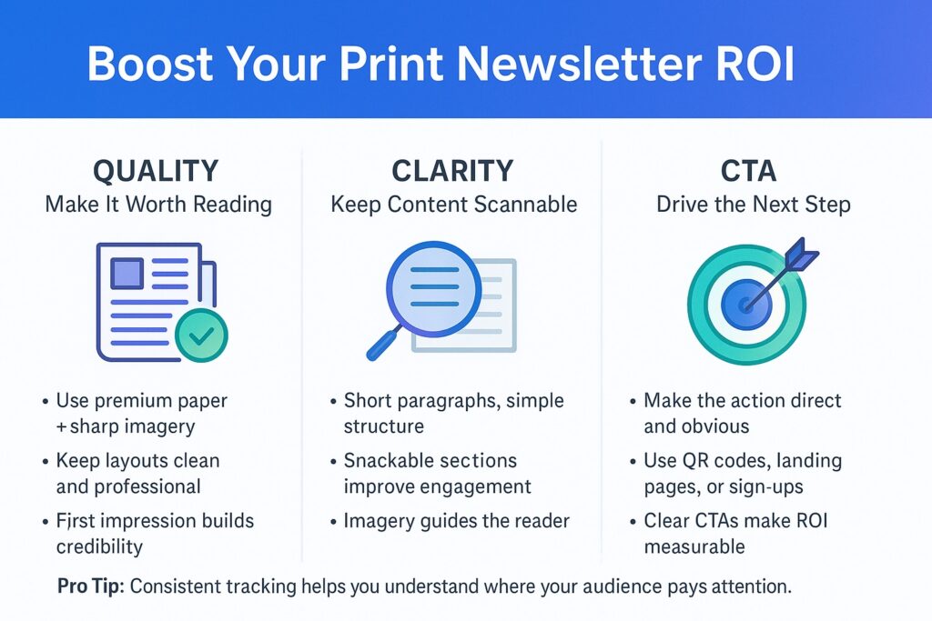 Infographic about print newsletter ROI best practices, including quality, clarity, and CTAs. 