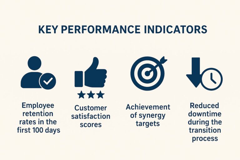 Infographic showing the top four KPIs for post-merger success and training best practices. 