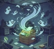 A haunted office filled with print horror stories and ghosts.