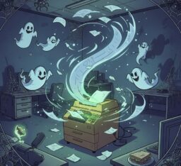 A haunted office filled with print horror stories and ghosts.