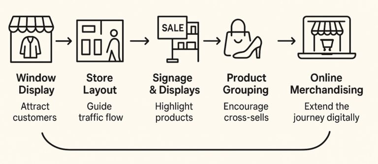 Infographic highlighting how visual merchandising guides the shopper journey.