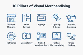 Infographic showing the 10 pillars of visual merchandising.