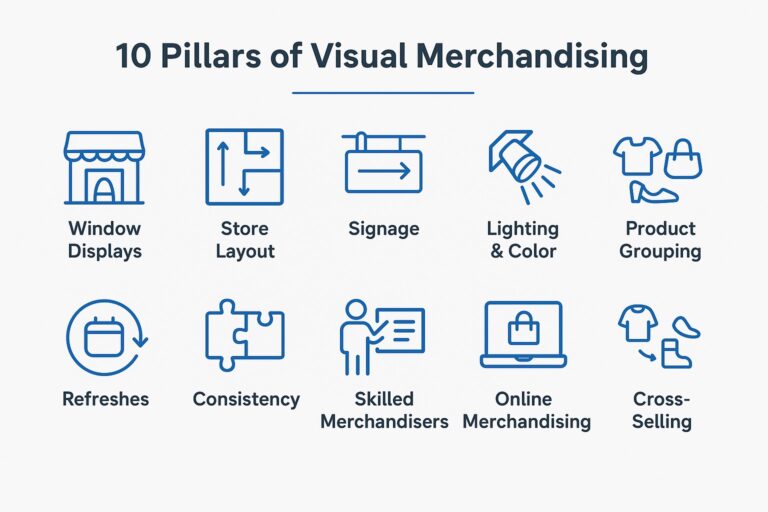 Infographic showing the 10 pillars of visual merchandising.