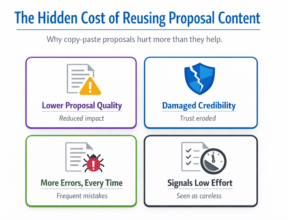 Square infographic titled ‘The Hidden Cost of Reusing Proposal Content’ showing four risks in a grid: lower proposal quality, damaged credibility, more errors every time, and signaling low effort to evaluators.
