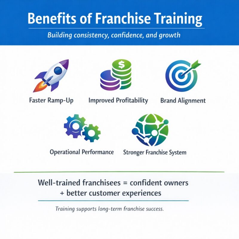 Infographic showing five benefits of franchise training: faster ramp-up, improved profitability, brand alignment, operational performance, and a stronger franchise system.