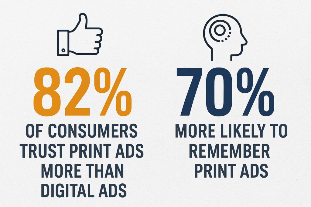 Infographic showing that 82% of consumers trust print ads more than digital ads and that they are 70% more likely to remember print ads.