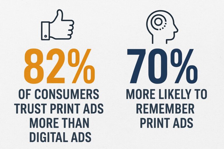 Infographic showing that 82% of consumers trust print ads more than digital ads and that they are 70% more likely to remember print ads.