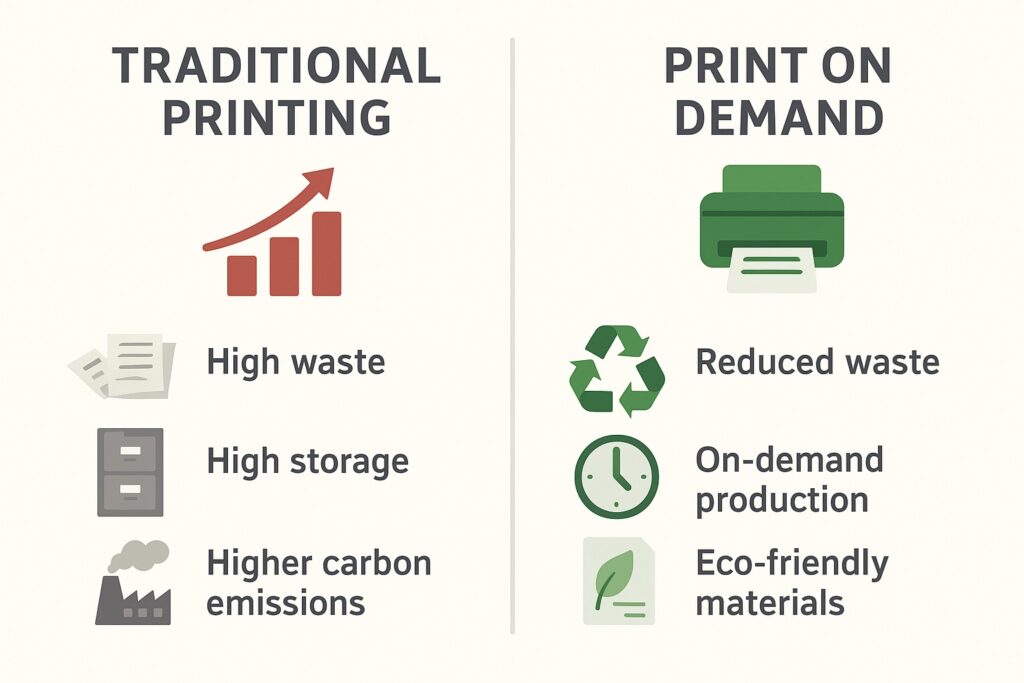 Infographic highlighting the sustainability differences between print on demand and traditional printing