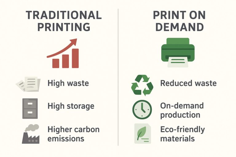 Infographic highlighting the sustainability differences between print on demand and traditional printing