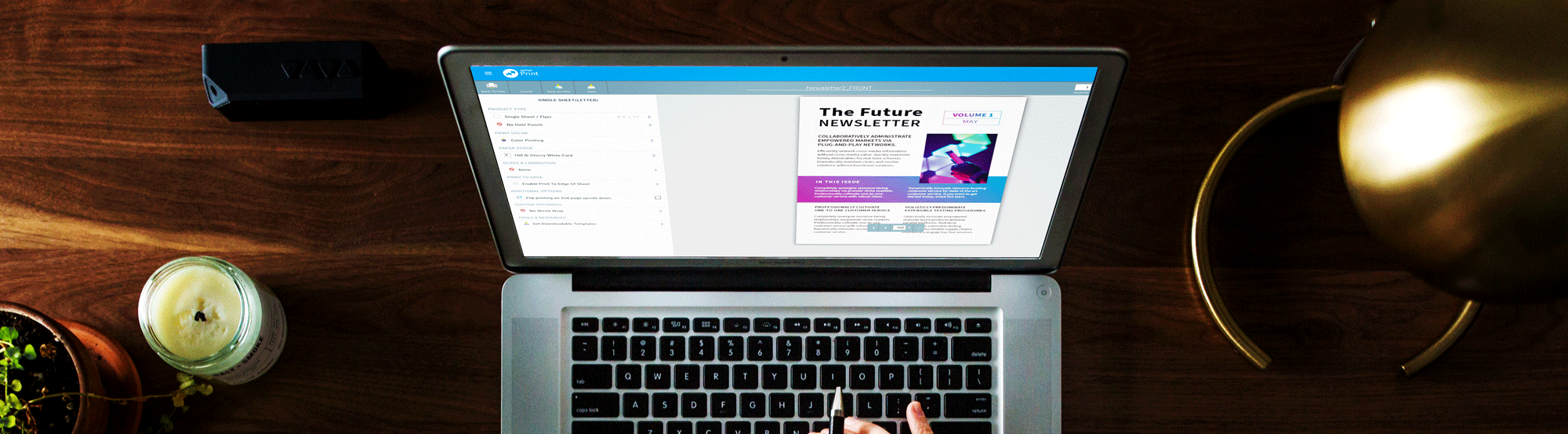 Person using laptop to toggle newsletter view on Mimeo Print Platform