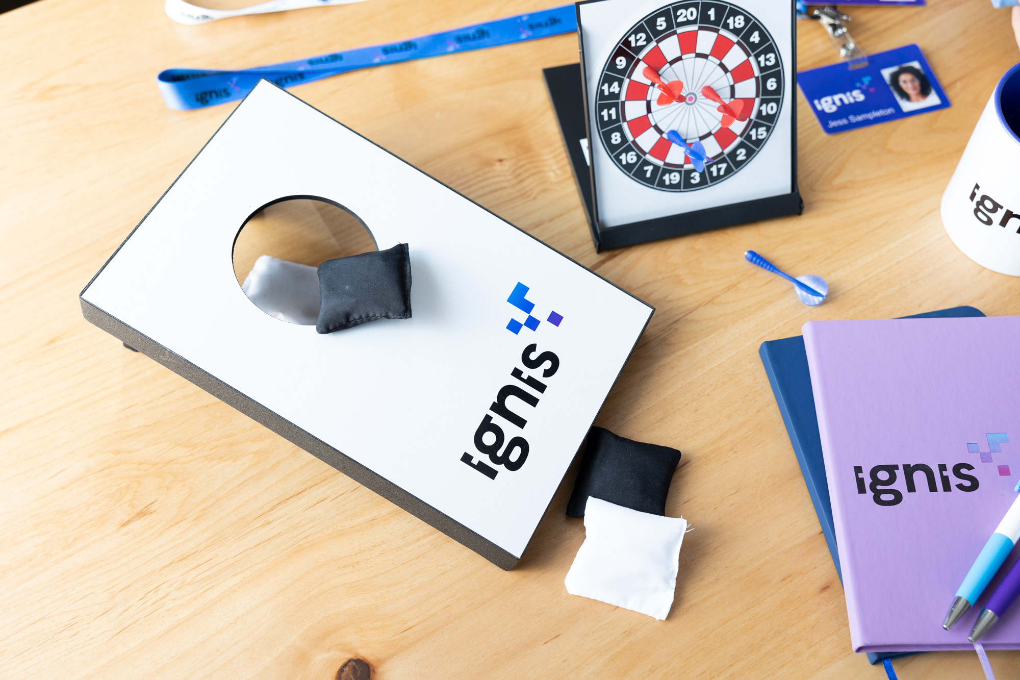 custom printed branded merchandise lays on a table