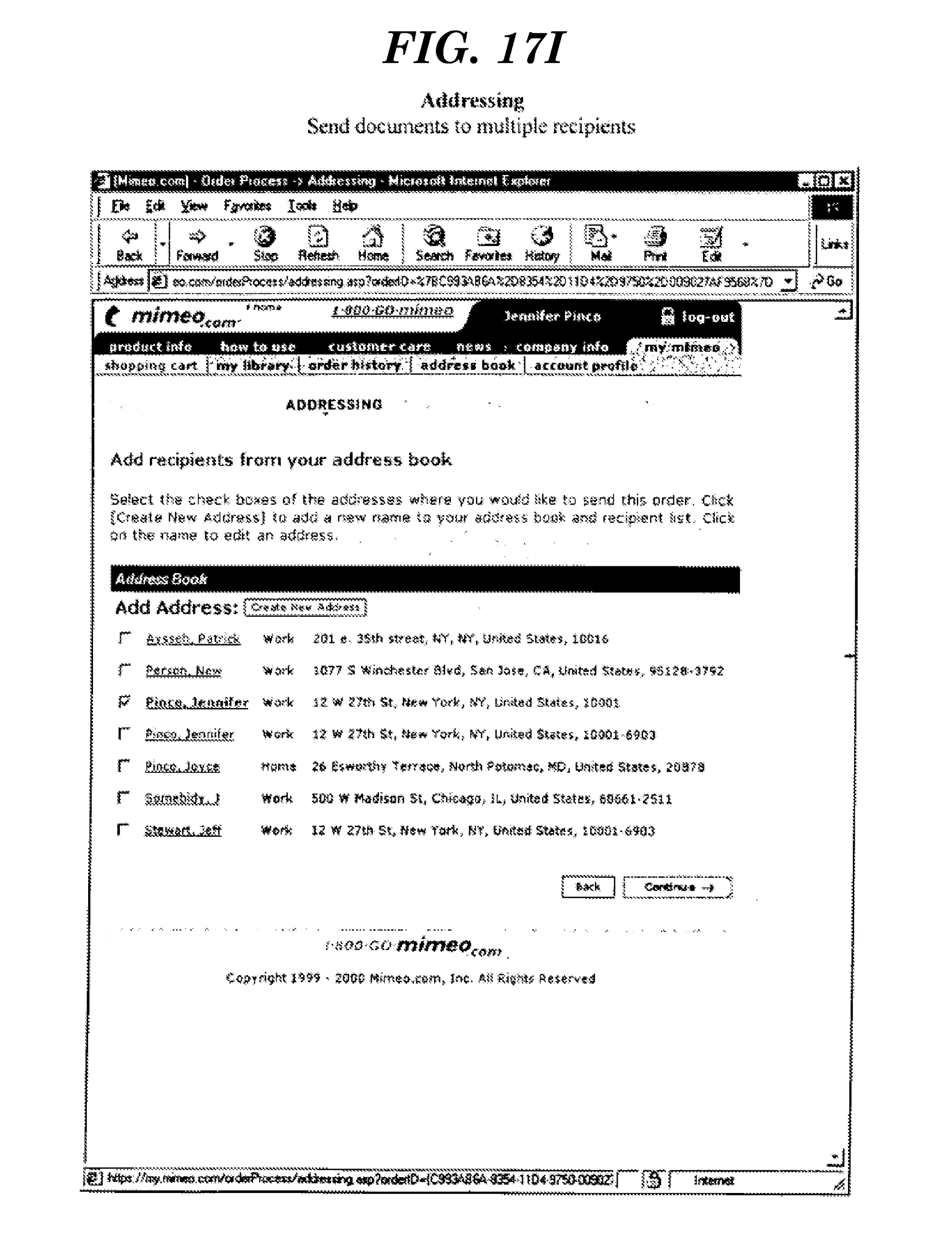 Screenshot from Mimeo Patent enabling users to ship documents to multiple locations. 