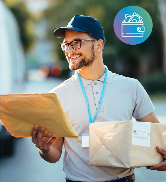 man smiling delivery of direct mail package