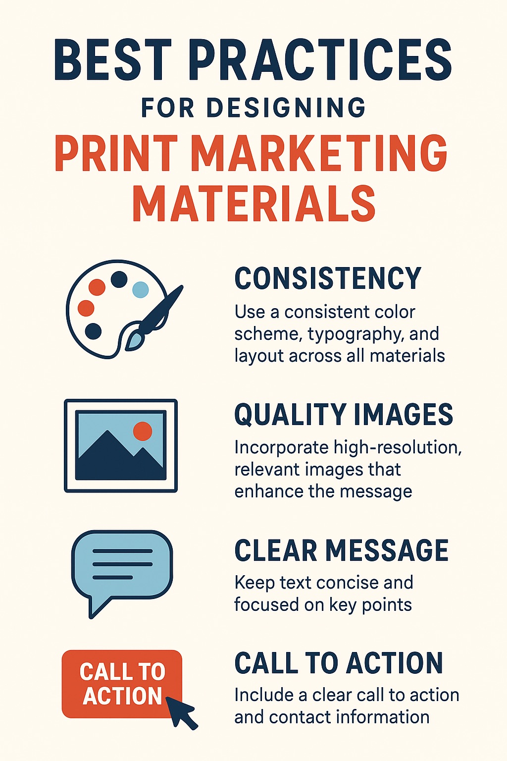 Infographic titled ‘Best Practices for Designing Print Marketing Materials,’ showing tips with icons: maintain brand consistency, use high-quality images, include a clear call-to-action, plan distribution, and order in bulk.