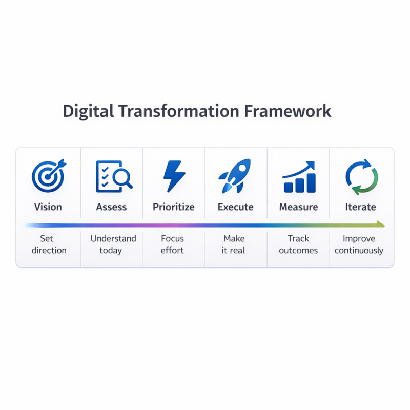 Horizontal digital transformation framework showing six steps: Vision, Assess, Prioritize, Execute, Measure, and Iterate, each represented by an icon in a clean, left-to-right layout.