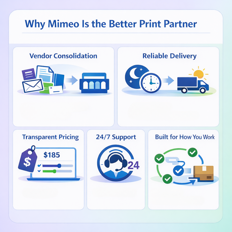 Square infographic titled “Why Mimeo Is the Better Print Partner” showing five equal sections with icons and headers only: Vendor Consolidation, Reliable Delivery, Transparent Pricing, 24/7 Support, and Built for How You Work.