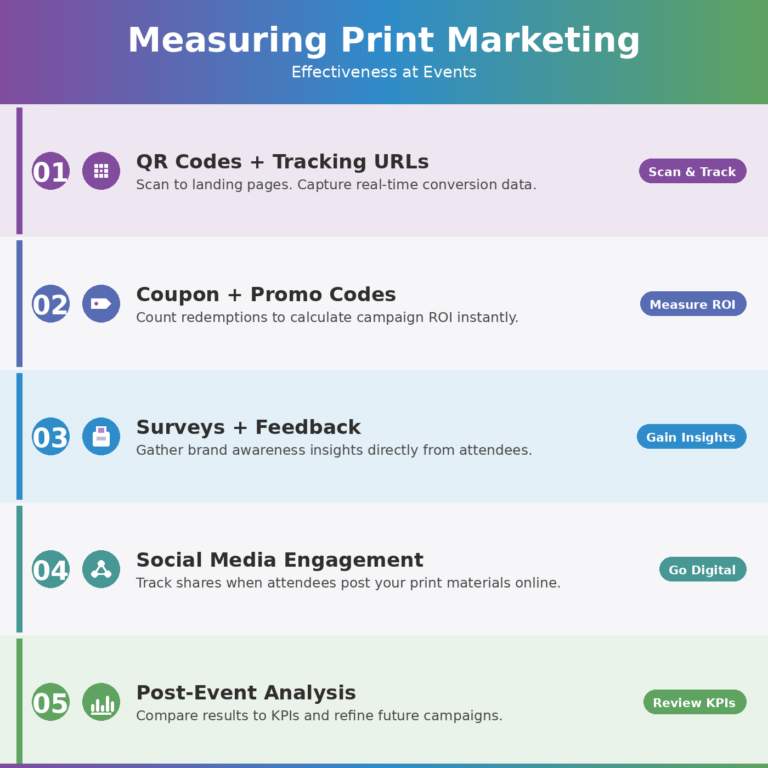 Infographic titled "Measuring Print Event Marketing Effectiveness at Events" listing five strategies: QR Codes and Tracking URLs, Coupon and Promo Codes, Surveys and Feedback, Social Media Engagement, and Post-Event Analysis. Each item includes a brief description and a keyword label.