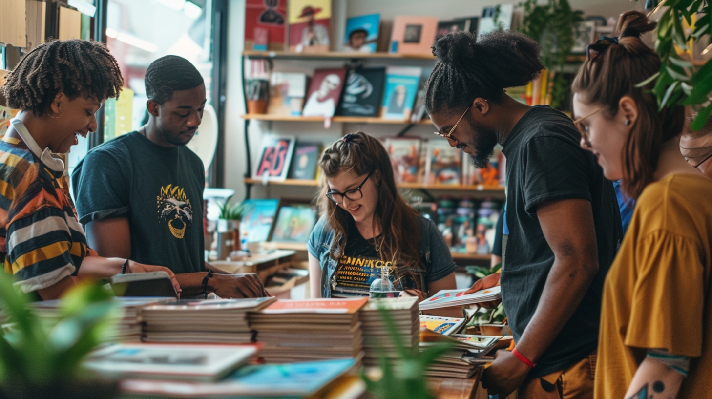 People looking at products on a table
