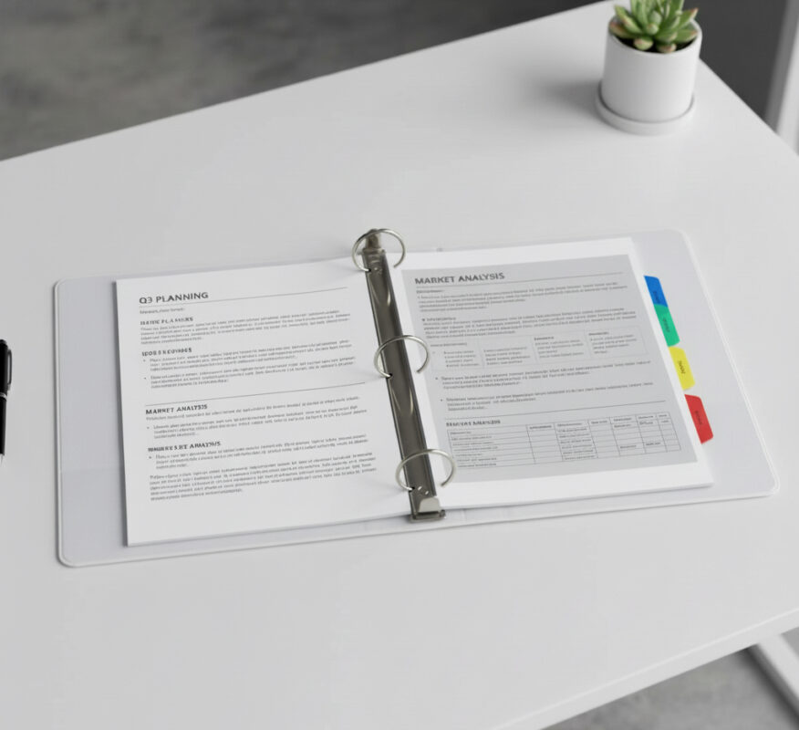 open binder with tabs on desk e1765486265907