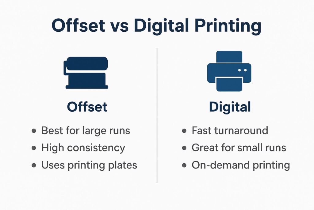 Infographic comparing offset and digital printing for businesses. 