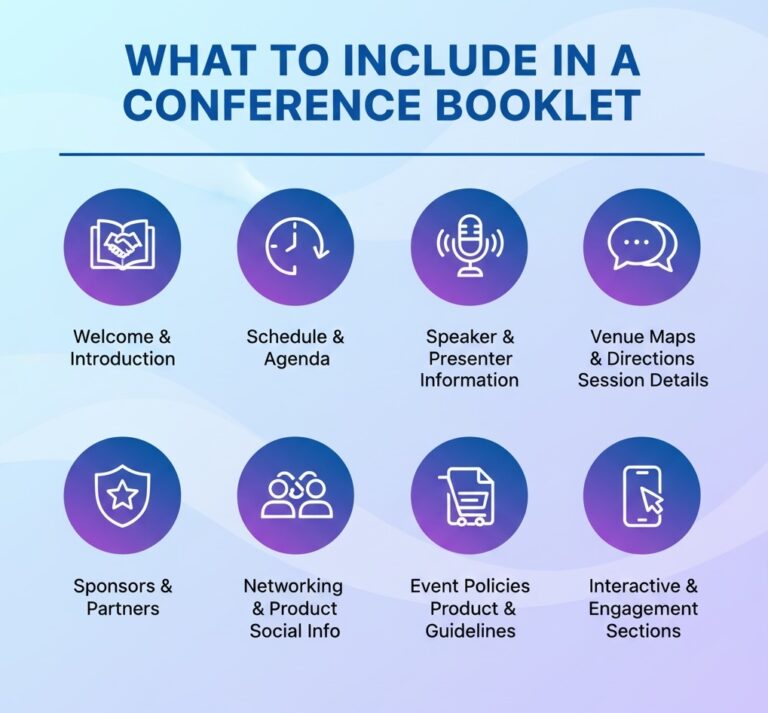 Infographic showcasing what to include in a custom conference booklet.
