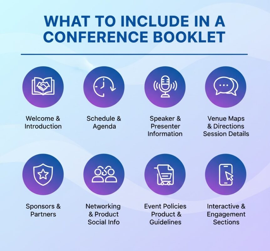 Infographic showcasing what to include in a custom conference booklet.
