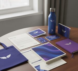 Custom membership welcome kits on a table.