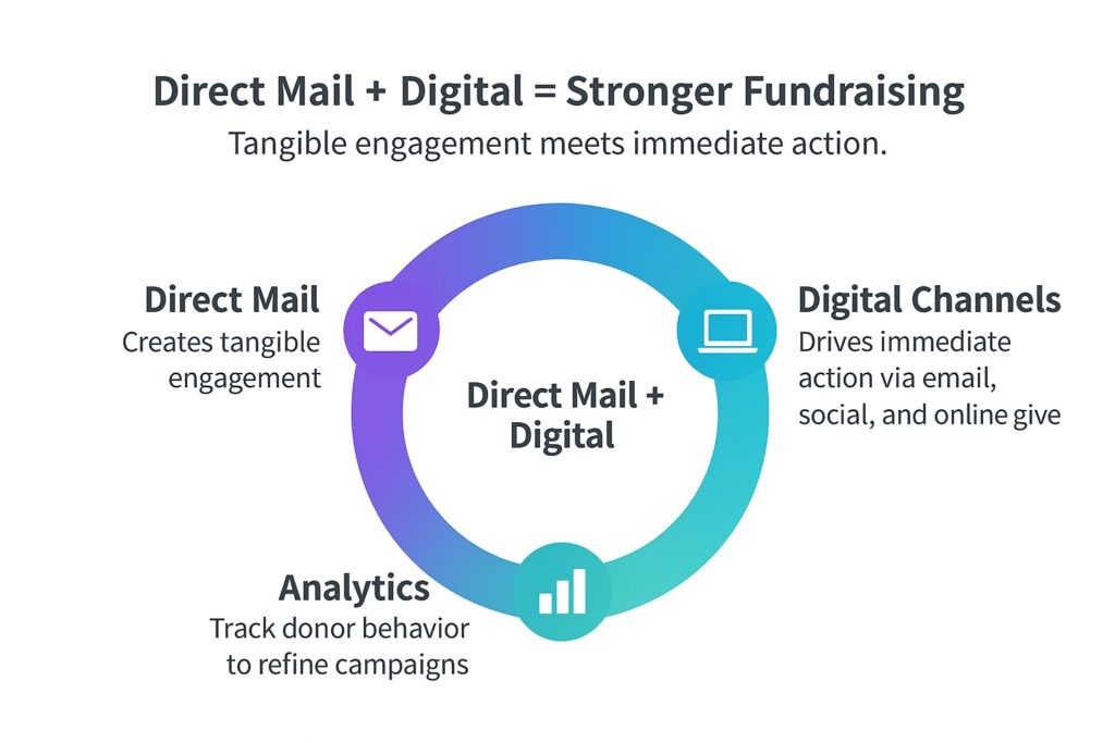 Infographic describing fundraising direct mail services and digital channels. 