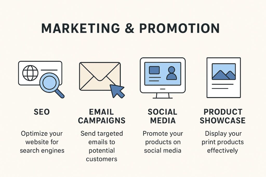 Infographic showing the best ways to market a print on demand business