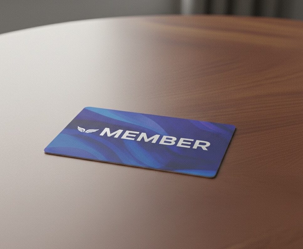 Membership card lying on a table as part of a custom welcome kit.