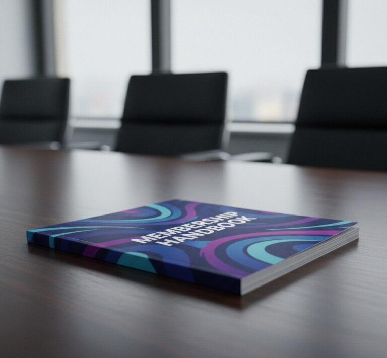 Print member handbooks resting on a conference table