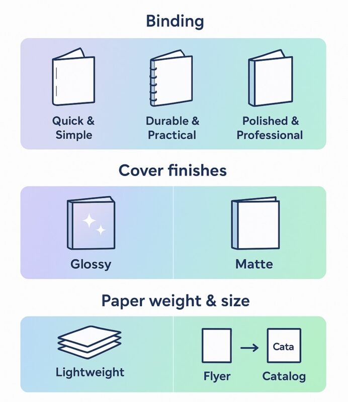 Infographic showing finishing options for print on demand companies. 