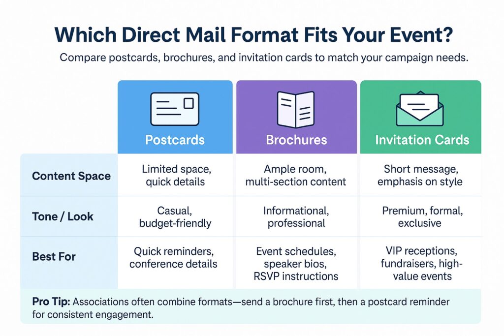 Infographic comparing conference invitation direct mail formats, including postcards, brochures, and invitation cards. 