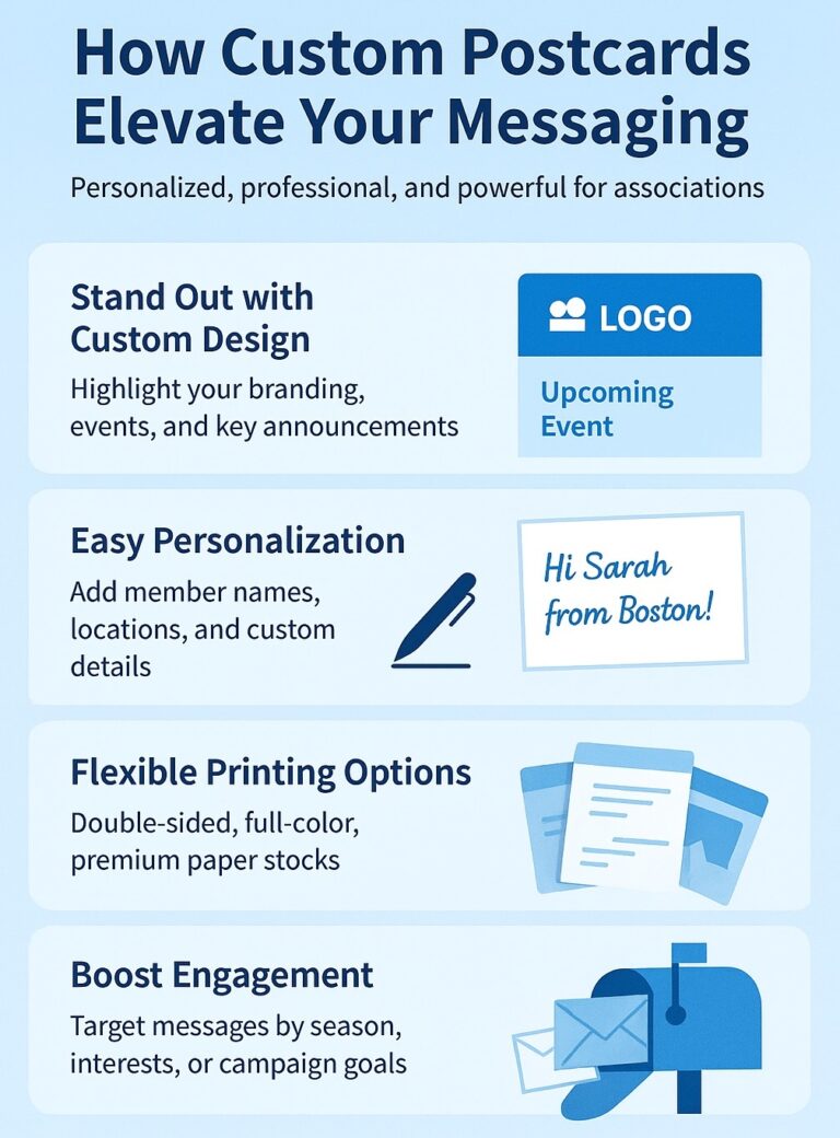 Infographic describing the benefits of print and ship postcards for associations. 