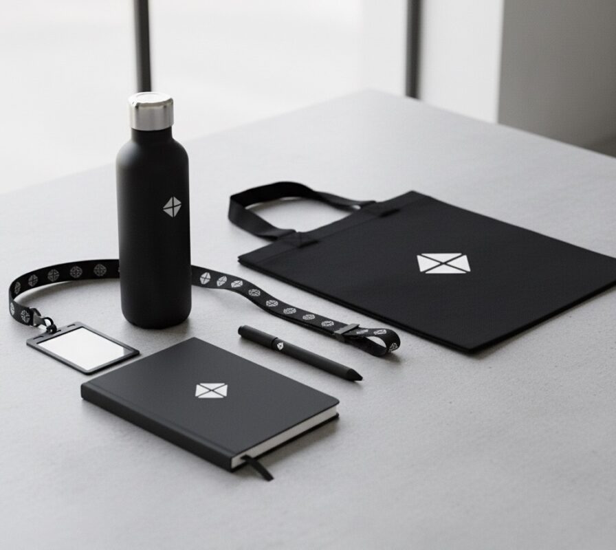Swag kit, part of custom membership welcome kits. It includes a water bottle, notebook, lanyard, and tote. 