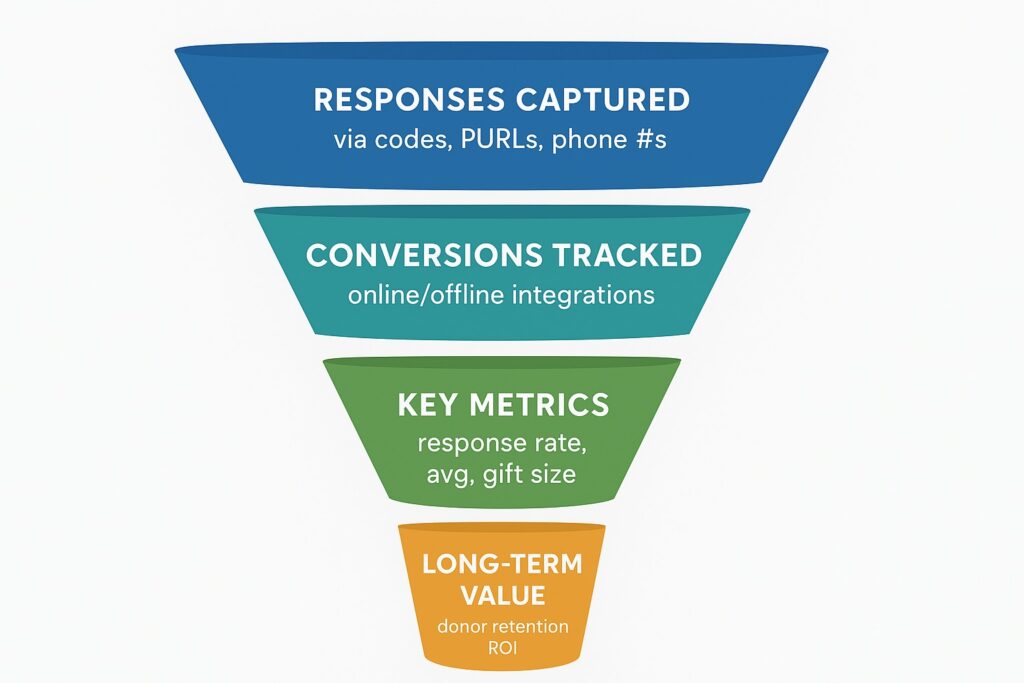 Infographic showing the various metrics for tracking fundraising direct mail services. 