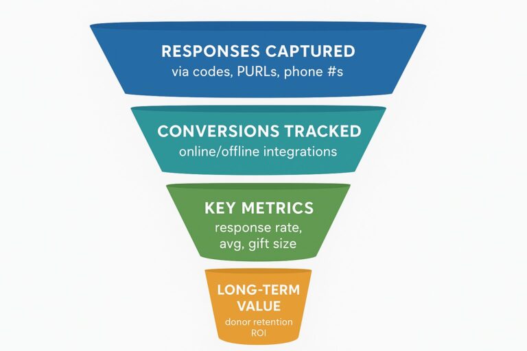 Infographic showing the various metrics for tracking fundraising direct mail services, including responses captured, conversions tracked, key metrics, and long-term value. 