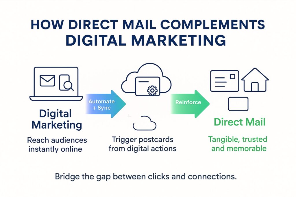 Infographic detailing how digital marketing and direct mail work together for tangible results.