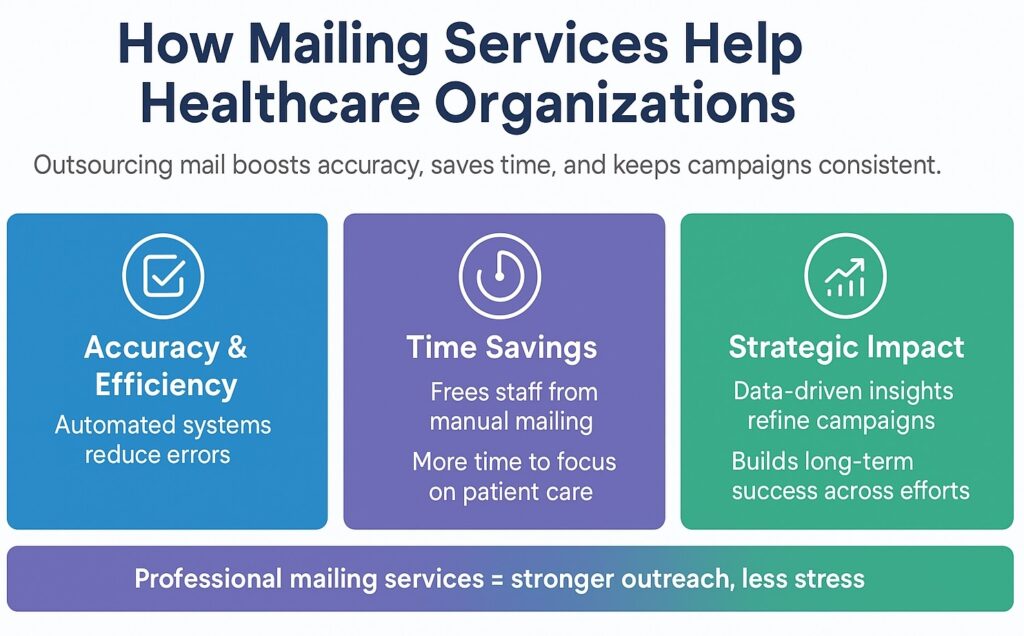 Infographic detailing the benefits of direct mail services for healthcare organizations. 