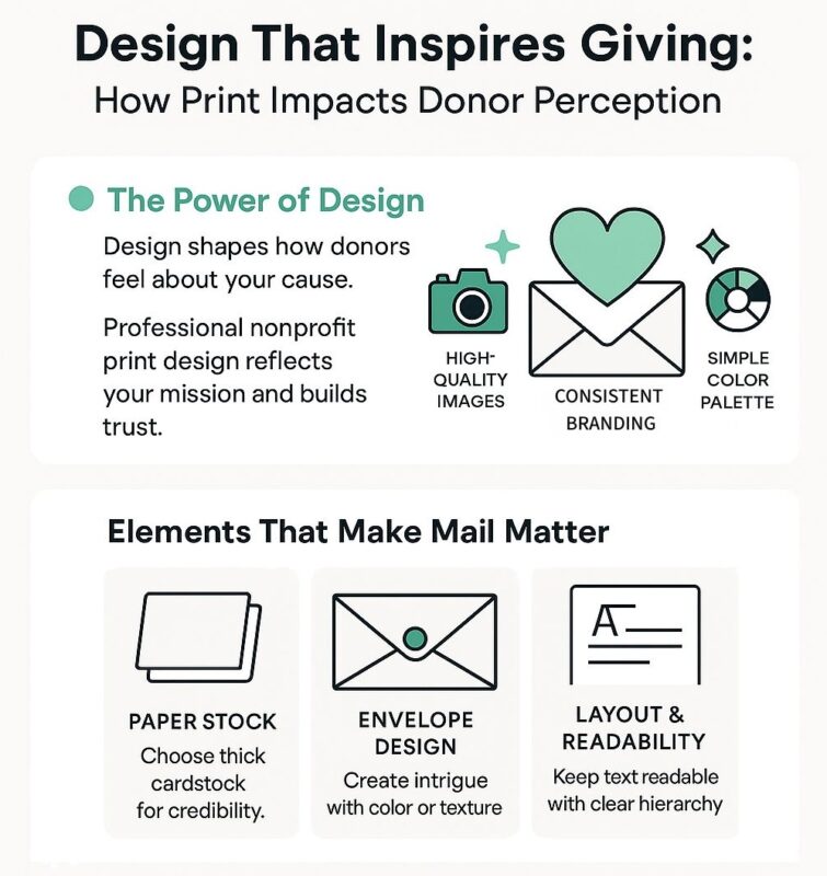 Infographic about donor appeal printing and mailing elements, including paper stock, readability, and envelope design. 