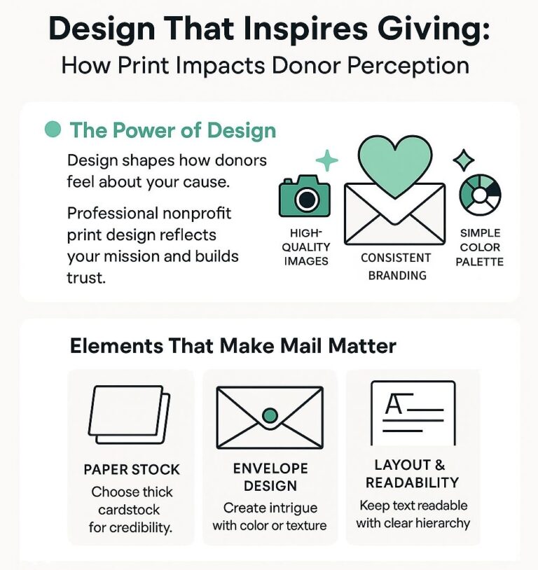 Infographic about donor appeal printing and mailing elements, including paper stock, readability, and envelope design. 