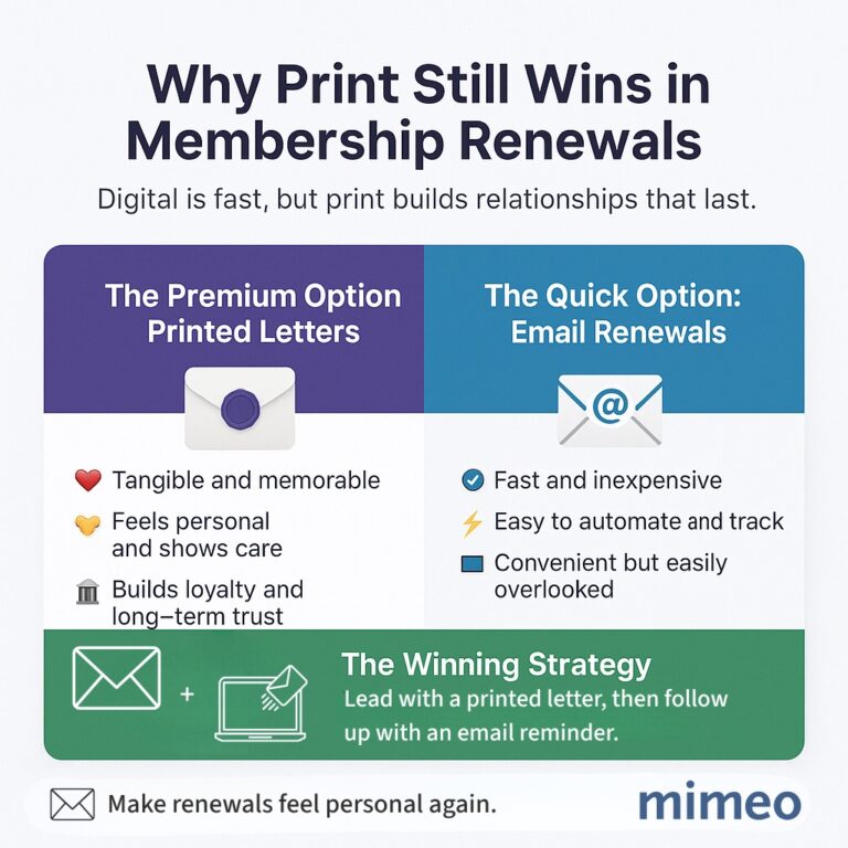 Infographic comparing membership renewal letter printing to digital letters. Emphasizes the importance of a print and digital strategy. 