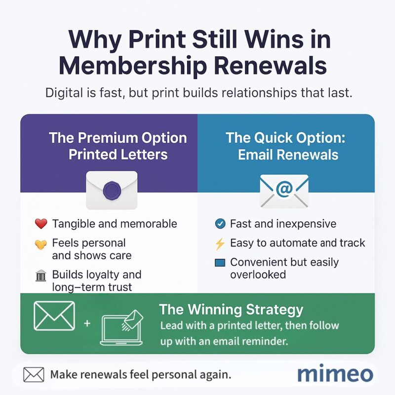 Infographic comparing membership renewal letter printing to digital letters. Emphasizes the importance of a print and digital strategy. 