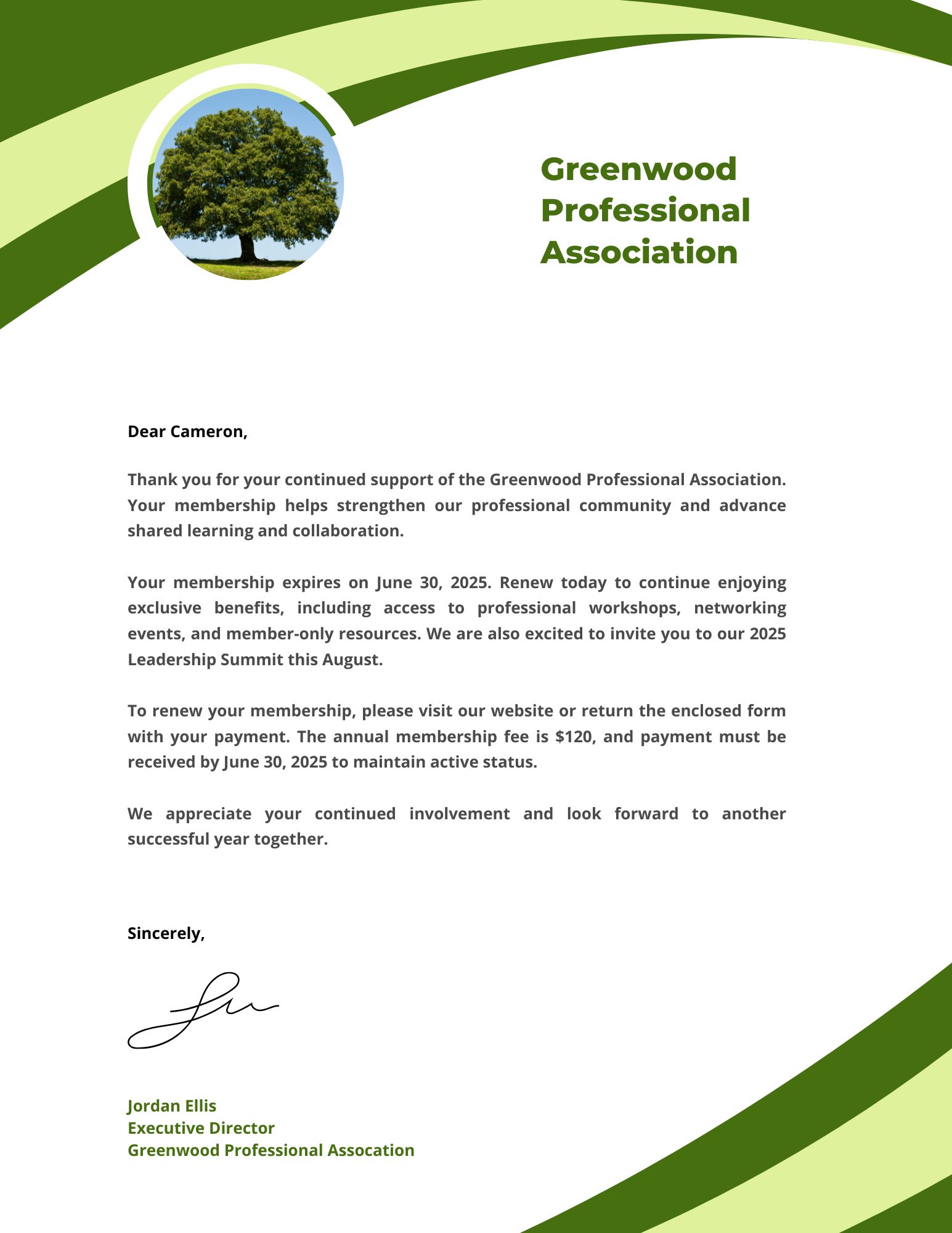 Example of a membership renewal letter with branded logo and thank you note.